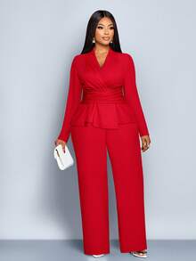 SOLERSUN 这款大码女式优雅纯色V领长袖T恤和阔腿裤两件套，适合春、夏、秋、冬四季穿着，采用不对称下摆和针织弹力面料。休闲日常通勤套装，完美契合情人节、约会、优雅造型、仙气魅力、圣帕特里克节、购物等各种场合。 - 紅色 - 查看 3