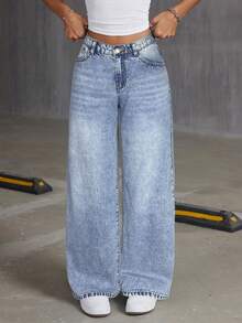 SHEIN Teen Girl Y2K Pink Bow Accent Blue Denim Wide Leg Pants,Fall Clothes,Winter Clothing ,Casual And Fashionable Vacation Outfits,Street Wear,2000s Style  ,Christmas Clothing,Pink Bow Pants,Christmas Denim Pants - Light Wash - View 3