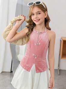 SHEIN 少女针织修身水钻蝴蝶结装饰开衩露背吊带背心，Y2K - 粉色 - 查看 5