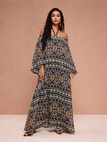 JIAN LASALA 多色印花雪纺露肩系带多层波西米亚风长裙，适合女性穿着。这款波西米亚风长裙也可作为女士露肩连衣裙，适合情人节穿着，展现波西米亚风情。适合海滩婚礼宾客穿着。 - 彩色 - 查看 6