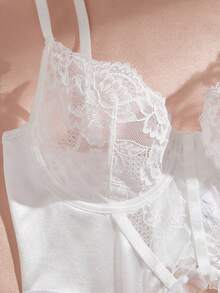 Floral Lace Underwire Garter Lingerie Set Bridallingerie - White - View 5