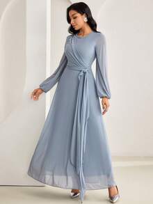 Veilorie Đầm dự tiệc cocktail phong cách Ả Rập cổ tròn thắt eo thiết kế ngọc trai giả trang trí thanh lịch cho nữ - Màu xanh lam - Xem 6