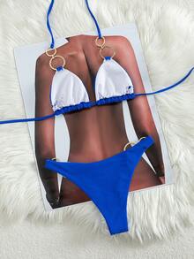 Swim Vcay Solid Color Decorative Ring Halter Strap Triangle Summer Bikini Swimwear - Royal Blue - View 4