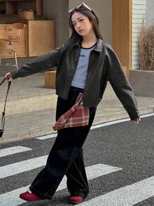 DAZY Chaqueta casual suelta de cuero sintético con cremallera frontal, manga larga y hombros caídos, unicolor, para niña preadolescente, primavera - Negro - Ver 2