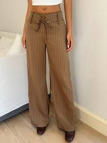Flirla Pantalon large à taille basse rayé marron pour femmes avec ceinture, nœud papillon et œillets décoratifs. Élégant pour un usage casual et les déplacements quotidiens en automne/hiver - Tabac - Voir 6