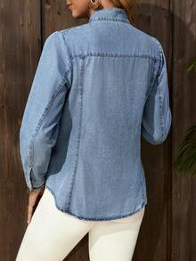 EMERY ROSE Women's Retro Regular Shoulder Casual Fashion Tie Neck Curved Hem Denim Blouse - Light Wash - View 2