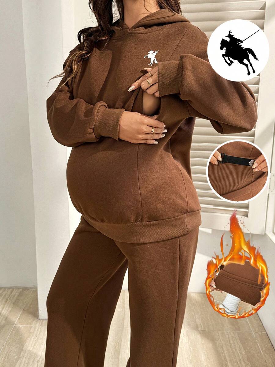 SHEIN 2pcs Maternity Casual Hoodie Sweatshirt And Pants Breastfeeding Set, Autumn/Winter - Brown - View 1