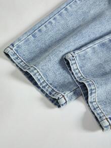 SHEIN ChillGRL 少女Y2K风格休闲宽松直筒水洗牛仔裤+基础款松紧腰+浅蓝色水洗牛仔裤，舒适面料，适合所有季节 - 淺色水洗藍 - 查看 5