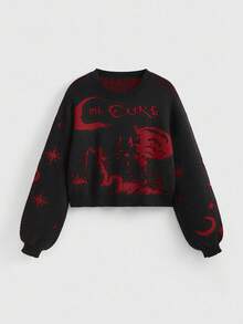 ROMWE Goth Plus Size Women Vintage Black Cat, Star, Moon Jacquard Knit Crew Neck Basic Pullover Sweater - Burgundy - View 1
