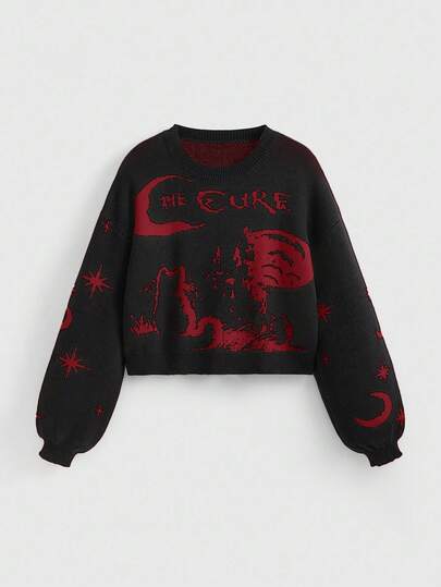 Goth Maglione basic girocollo da donna taglie forti, in maglia jacquard con motivi vintage di gatti neri, stelle e lune