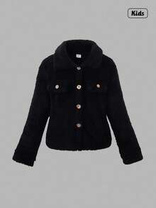 Sweetra 1 件 Tween Girl 纯色长袖领毛绒夹克