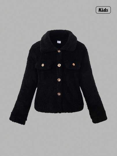 Sweetra 1 件 Tween Girl 纯色长袖领毛绒夹克