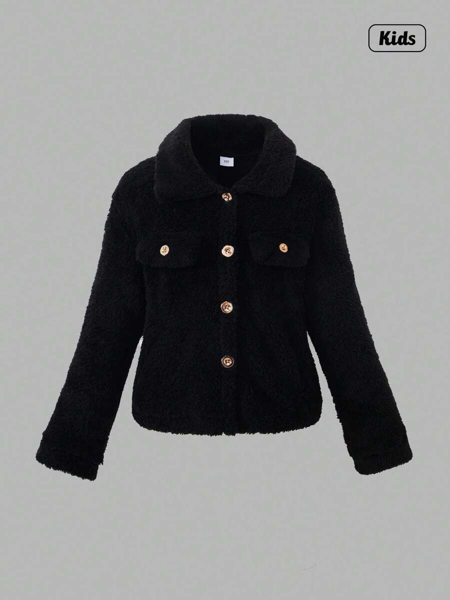 Sweetra 1 件 Tween Girl 纯色长袖领毛绒夹克