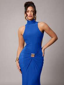 Silquee 女士优雅派对长袖性感高领露背连衣裙，金属扣装饰，酒红色/锚红色，弹力针织面料，适合鸡尾酒会、浪漫约会、秋冬针织连衣裙、派对、婚礼、伴娘、晚礼服、万圣节、圣诞节等场合。 - 寶藍色 - 查看 6