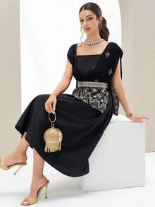 Al Najma 女士优雅中长款阿拉伯风格连衣裙 - 黑色 - 查看 4