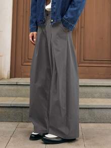 SWAVVY Men's Casual Fashion Street Simple Versatile Solid Color Fold Pleated Loose Wide Leg Pants - Dark Grey - View 1