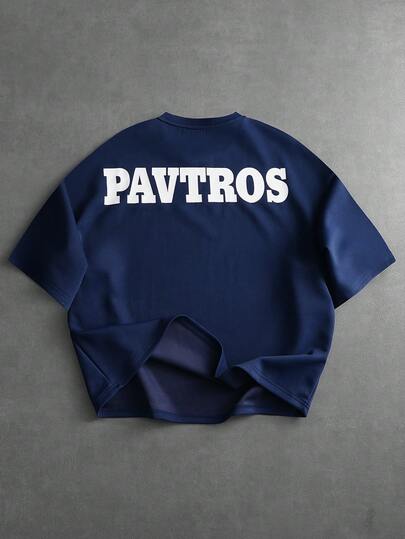 PAVTROS 1pc Men's Oversized Short Sleeve T-Shirt, Navy Blue, Embroidered Design, High Tolerance, Slogan Graphic, Personalized Expression, Suitable For Casual, Sports, Daily Commute, Vacation, Back To School, Great Gift For Boyfriend/Husband, Couple Matching