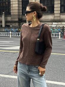 Livesso 女士休闲宽松拼色长袖T恤，适合办公室、通勤、秋冬季 - 巧克力棕 - 查看 10