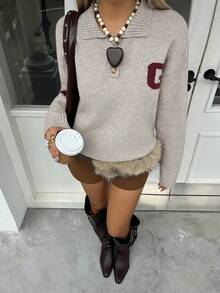 Livesso Women's Casual Letter Pattern Knitted Sweater, Autumn/Winter - Grey - View 4