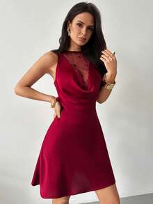 Firerie Elegant Red Sleeveless Mini Tank Dress With Draped Round Neck And Semi-Sheer Detail For Women - Red - View 2