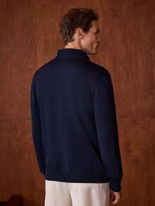 VeloEdit Men's Solid Color Long Sleeve Casual Zip-Up Stand Collar Sweater, Autumn/Winter Fall Winter - Navy Blue - View 4