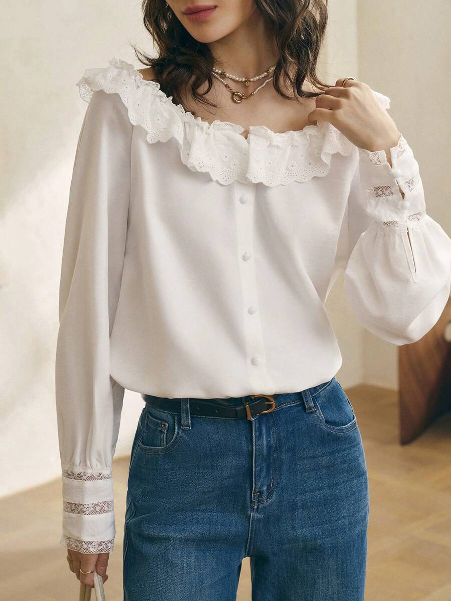 Cévolie Women's Fashionable Elegant Casual Off-Shoulder Blouse - White - View 1