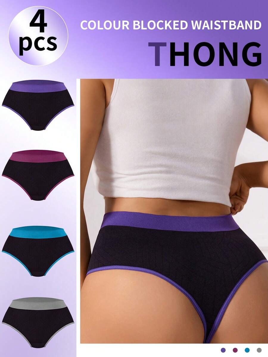 4pcs/Set Plus Size Seamless Contrast Binding Trim Thongs - Multicolor - View 1