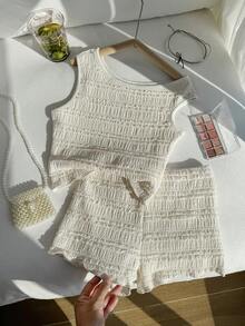 Conjunto de top corto sin mangas acanalado y shorts con volantes de cintura alta, estilo bohemio y campestre, de tela ligera y transpirable, para verano, vacaciones en la playa, almuerzos casuales y uso diario. - Beis - Ver 7