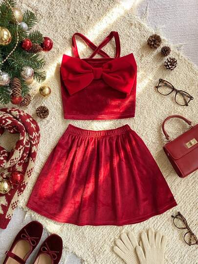 SHEIN Young Girl Solid Color Bow Decor Camisole And Mini Skirt Fashion Set,Vestidos Elegantes Para Fiesta,Christmas,Christmas Dress,Christmas Family Gathering