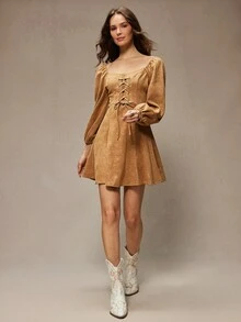 WESTFADE 压花花卉仿麂皮系带长袖修身A字迷你连衣裙，适合冬季、波西米亚风、西部风、假日、圣诞节、新年、纳什维尔牛仔风、休闲、可爱风格 - 棕色 - 查看 5