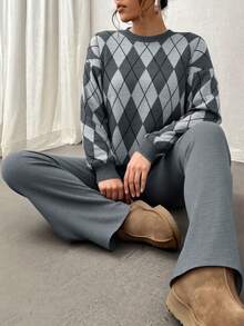 EURMUSE Women Diamond Pattern Round Neck Drop Shoulder Pullover & Sweater Pants Set,Co Ord,Winter Clothes - Multicolor - View 2