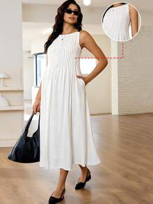 MaterniWear 优雅纯色无袖孕妇通勤连衣裙 - 白色 - 查看 1