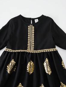 1 pieza Vestido maxi con cuello redondo, manga acampanada y estampado metálico para niñas, primavera/otoño - Negro - Ver 4