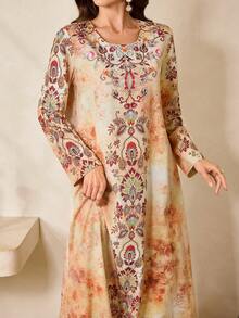 Al Najma Women's Spring/Autumn Vacation Style Floral Print Long Sleeve Loose Turkish/Arabic Traditional Long Dress Kaftan Jalabiya Dress - Yellow - View 1