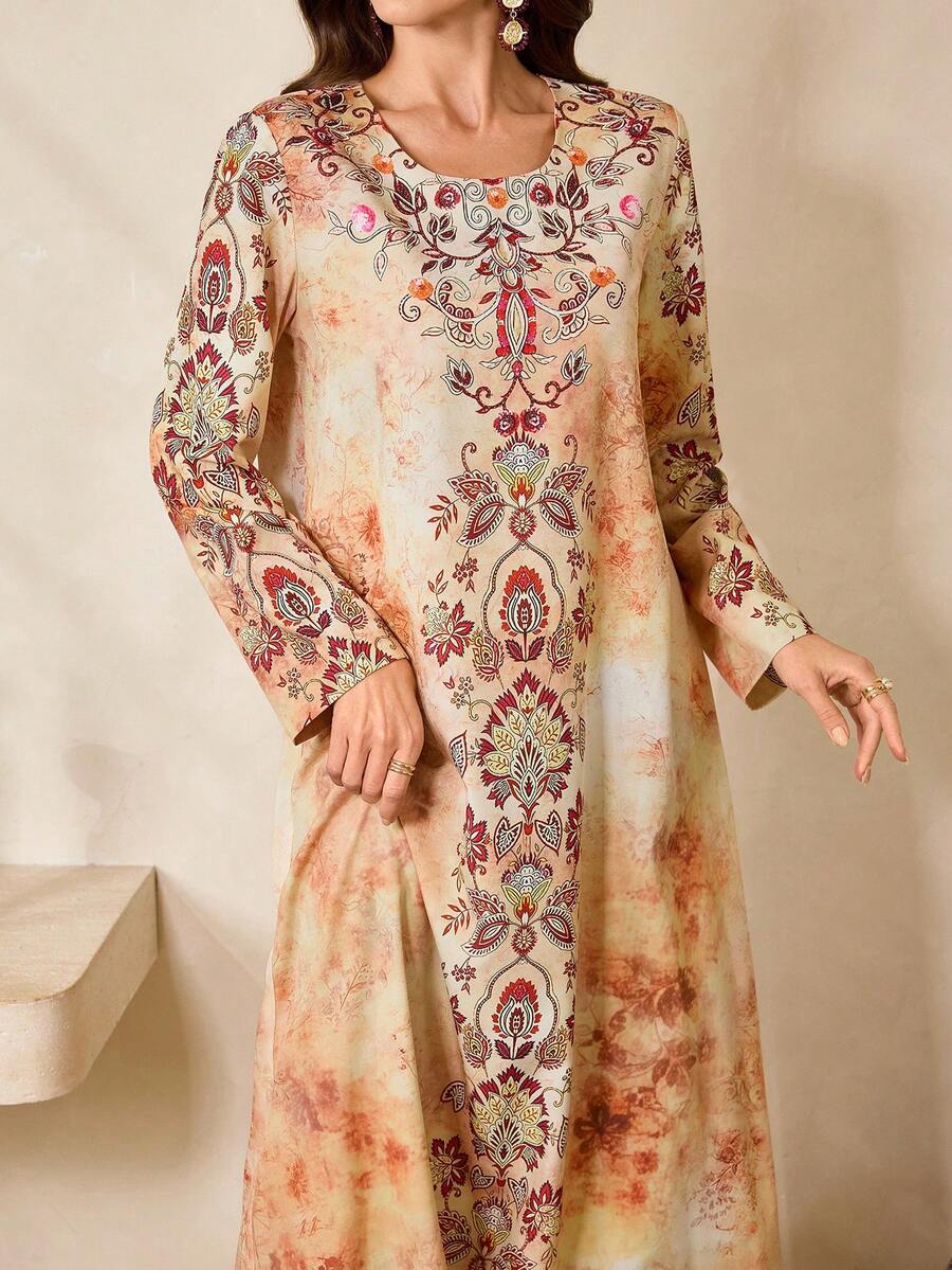Al Najma Women's Spring/Autumn Vacation Style Floral Print Long Sleeve Loose Turkish/Arabic Traditional Long Dress Kaftan Jalabiya Dress - Yellow - View 1