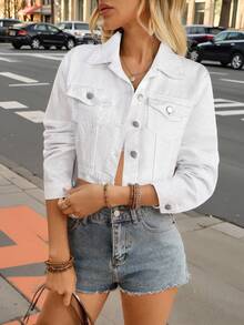 SHEIN Teen GirlWhite Denim Lapel Long Sleeve Cropped Jacket
