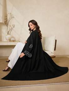Al Najma Women's Floral Embroidery Flare Sleeve Loose Arabic Abaya Robe