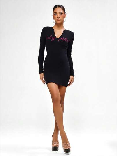 BABYPHAT Long Sleeve Notch Neck Bodycon Mini Dress With Rhinestone Text Detail For Party Occasions