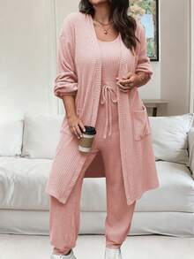 Vionelle 大码女式纯色落肩长袖外套和腰带连体裤休闲两件套 - 藕粉色 - 查看 5
