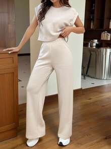 SHEIN EZwear Apricot Knit Loose Batwing Sleeve Top And Pants Set,Ladies Casual Loose Apricot Batwing Sleeve Tee Pants Women Two-Piece Outfits,Spring/Summer,Casual Daily Wear - Apricot - View 4