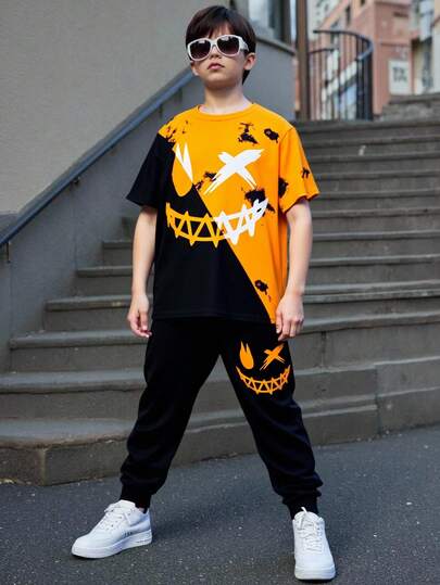 SHEIN 2pcs/Set Kids/Tween Boys Casual Everyday Comfortable Printed Pattern Crew Neck Loose Pullover Short Sleeve T-Shirt And Pants Knit Outfit Set Boys Youth Two Piece Sets Boy Casual Sets Halloween Boy Clothes Y2k Clothes Boys Set