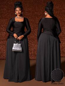 Maweii 大码女式A字方领长袖波点连衣裙，优雅精致，适合秋季穿着 - 黑色 - 查看 3