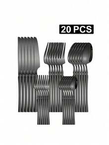 20 piezas Juego de cubiertos de acero inoxidable, diseño de cintura Cuchillo Tenedor Cuchara Cuchara de postre, Empaque de caja de regalo, Adecuado para el hogar, la cocina, el hotel, regalos de boda y fiestas, útiles escolares - Negro - Ver 4