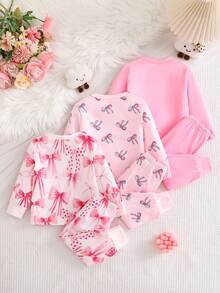 Conjunto de 6 piezas de pijama para niñas, top de manga larga con estampado de moño minimalista y moño 3D, y pantalones, conjunto de ropa de dormir - Multicolor - Ver 2