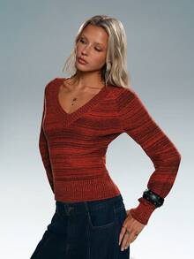 TRNVIE Women's V-Neck Fashionable Versatile Long Sleeve Sweater, Autumn/Winter - Brown - View 7