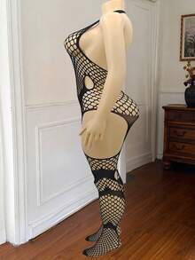 ChaseTheNight 加大码女式性感内衣镂空透视连体袜弹力开裆紧身衣 - 黑色 - 查看 4