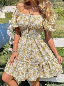 Breezaya Vestido elegante de cuello cuadrado con mangas abullonadas y estampado floral diminuto - Amarillo - Ver 4