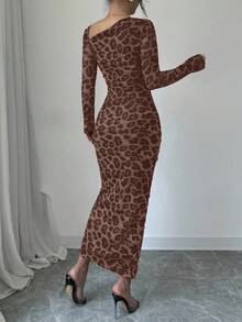 Rafferiza Women's Elegant Asymmetrical Neck Cinched Waist Ruched Long Sleeve Dress With Leopard Print Mesh Maxi Women Outfit Bodycon Long Dressslit Dressleopard Print Dress