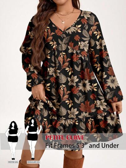 SHEIN PETITE CURVE Plus Size Women Spring/Autumn Casual Vacation Style All-Over Print V-Neck Lantern Sleeve Ruffle Hem Loose Dress