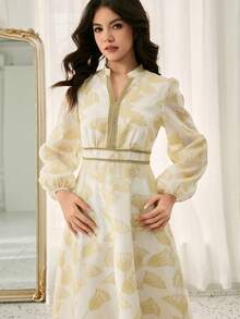 提花面料高腰喇叭长裙，适合婚礼、舞会、演出、生日、宴会等场合。优雅长裙，米白色碎花连衣裙，圣餐泡泡袖长裙，V领长袖连衣裙，女士碎花长裙 - 杏色 - 查看 8